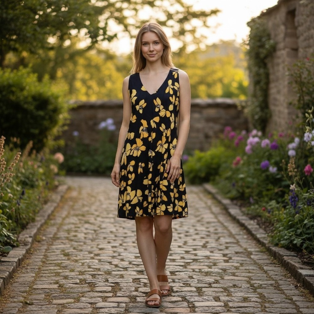 Anne Klein sleeveless dress yellow floral pattern V-neck line flowy Sz 10 resort